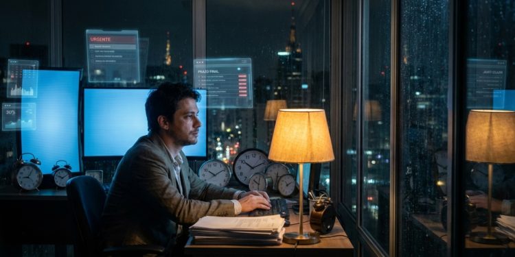 Profissional cercado por tarefas e relógios em um escritório noturno, simbolizando o escudo da ocupação.