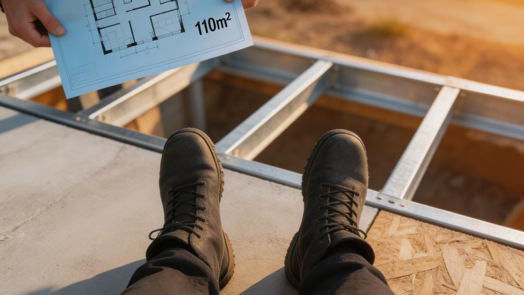 Modelo de 110 metros quadrados com segundo piso leve montado com painéis industrializados