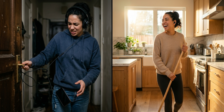 3 fones de ouvido sem fio com bateria longa e conforto para ouvir música enquanto limpa