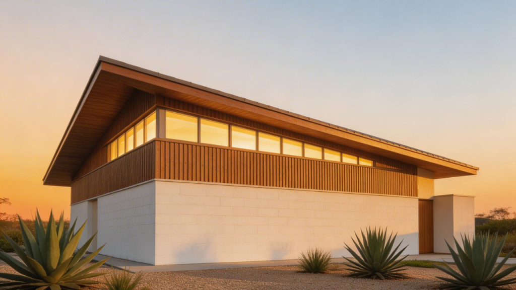 Casa de 80 metros quadrados com telhado Shed Roof que usa janelas clerestório para iluminar toda a sala com luz natural