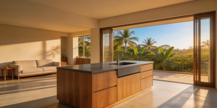 Projeto de 110 metros quadrados com living integrado onde sala, cozinha e jantar formam um único ambiente