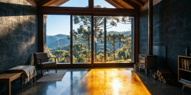 Refúgio de 40 metros quadrados com piso térmico de concreto que armazena calor do sol durante o dia e libera lentamente à noite