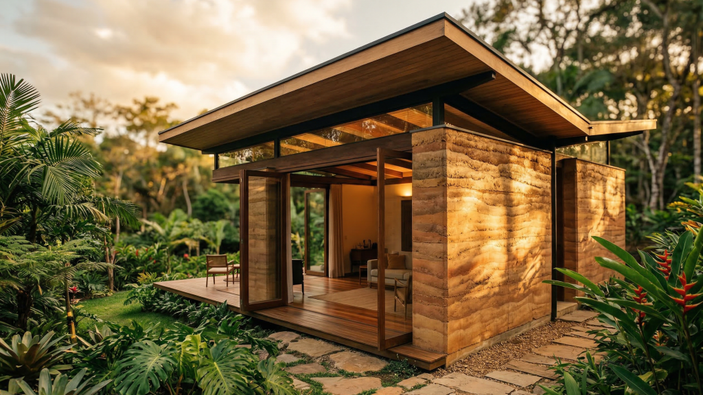 Casa de 45 metros quadrados com paredes de terra que "respiram" e mantêm o interior fresco no verão e quente no inverno sem ar-condicionado