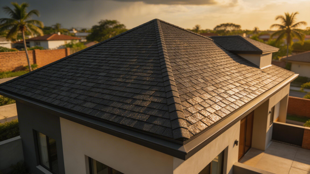 Projeto de 110 metros quadrados com telhado shingle que utiliza painéis de OSB para formar base estrutural rígida