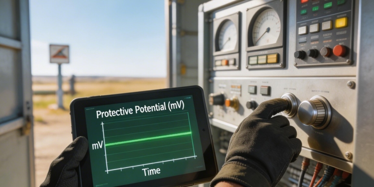 Oleoduto subterrâneo que usa corrente elétrica para impedir que o aço seja corroído pelo solo