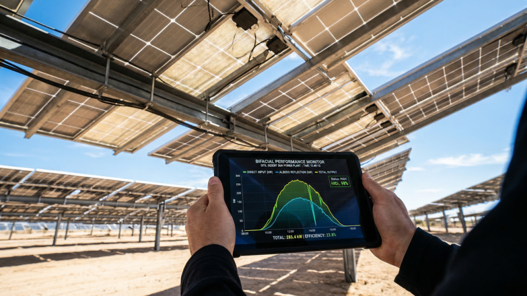 O painel solar de duas faces que aproveita até o "brilho do chão" para gerar energia extra enquanto o sol se põe