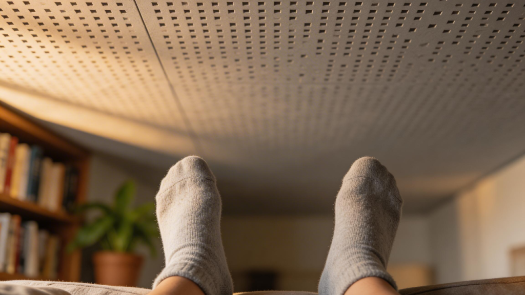 Projeto de 110 metros quadrados com drywall perfurado que ajuda a equilibrar o som dentro da casa