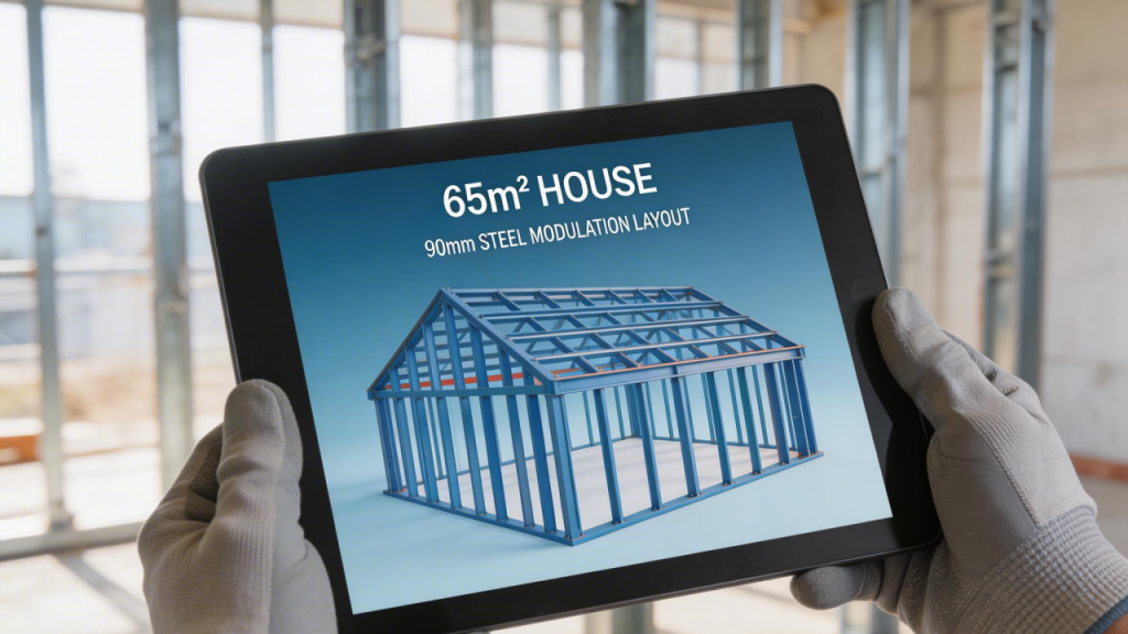 Casa de 65 metros quadrados com modulação em Steel Frame que reduz desperdício ao alinhar estrutura e placas industriais