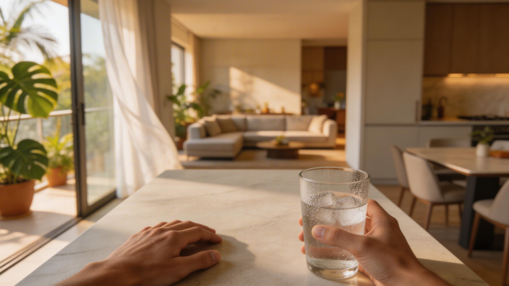 Projeto de 110 metros quadrados com living integrado onde sala, cozinha e jantar formam um único ambiente