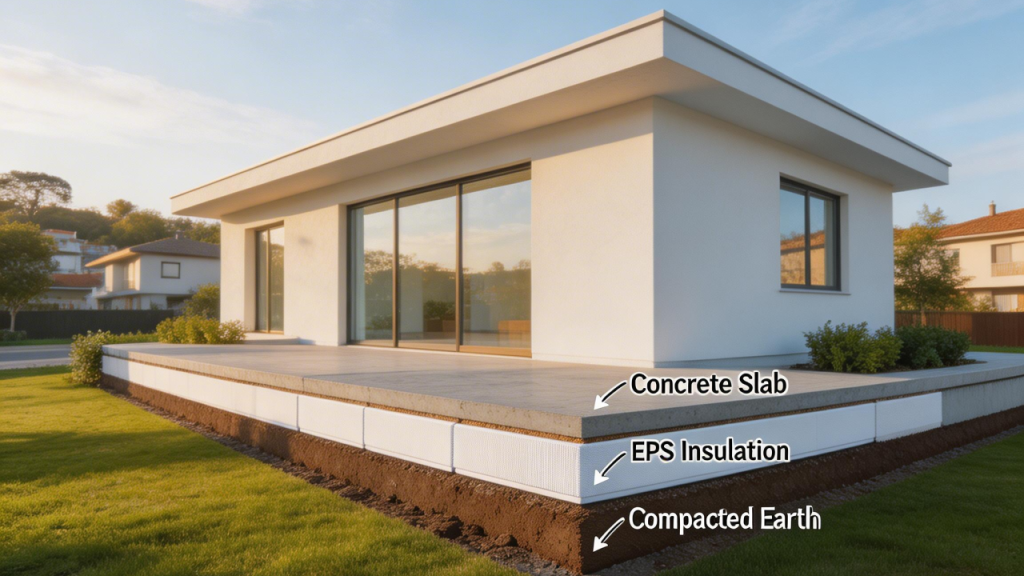 Casa compacta de 70 metros quadrados com fundação térmica que reduz o frio vindo do solo