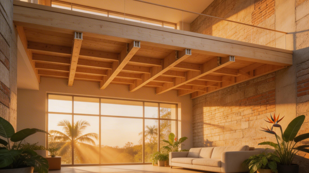 Modelo de 60 metros quadrados com vigas estruturais leves que permitem criar um mezanino funcional