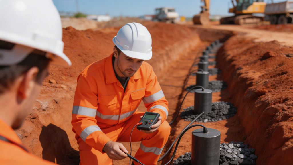 Oleoduto subterrâneo que usa corrente elétrica para impedir que o aço seja corroído pelo solo