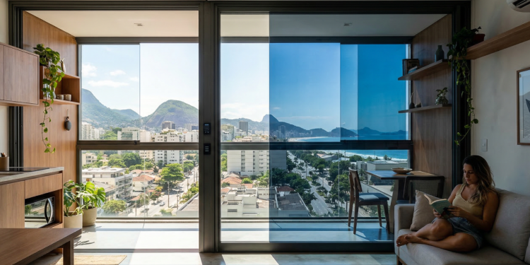 Estúdio de 30 metros quadrados com vidros inteligentes que mudam de cor com um toque para bloquear o sol forte e garantir privacidade total