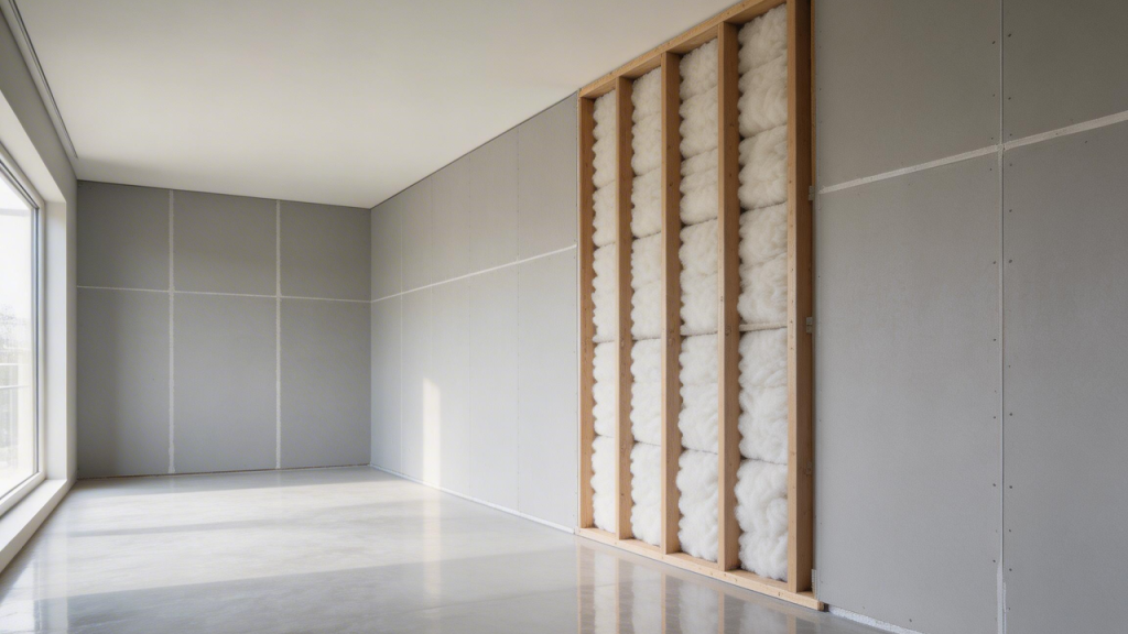 Refúgio de 75 metros quadrados com drywall acústico que utiliza fibras de PET reciclado para absorver ruídos internos