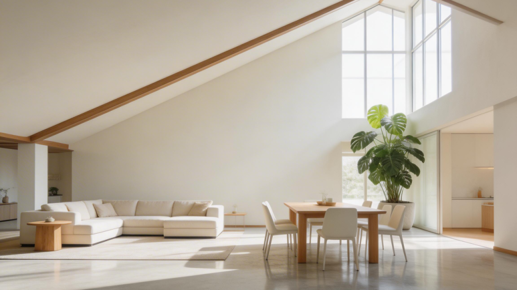 Casa de 80 metros quadrados com telhado Shed Roof que usa janelas clerestório para iluminar toda a sala com luz natural