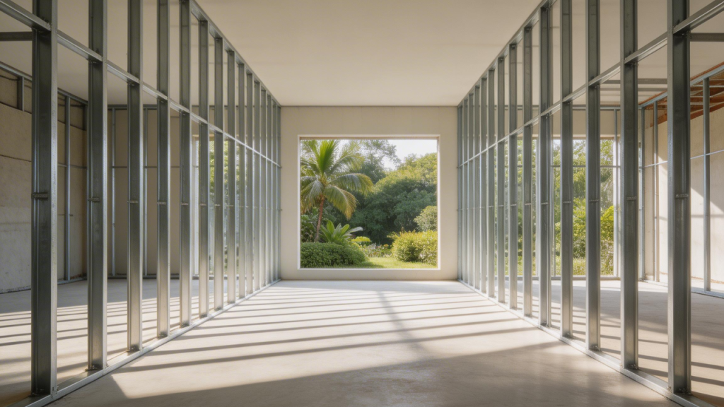 Casa de 65 metros quadrados com modulação em Steel Frame que reduz desperdício ao alinhar estrutura e placas industriais