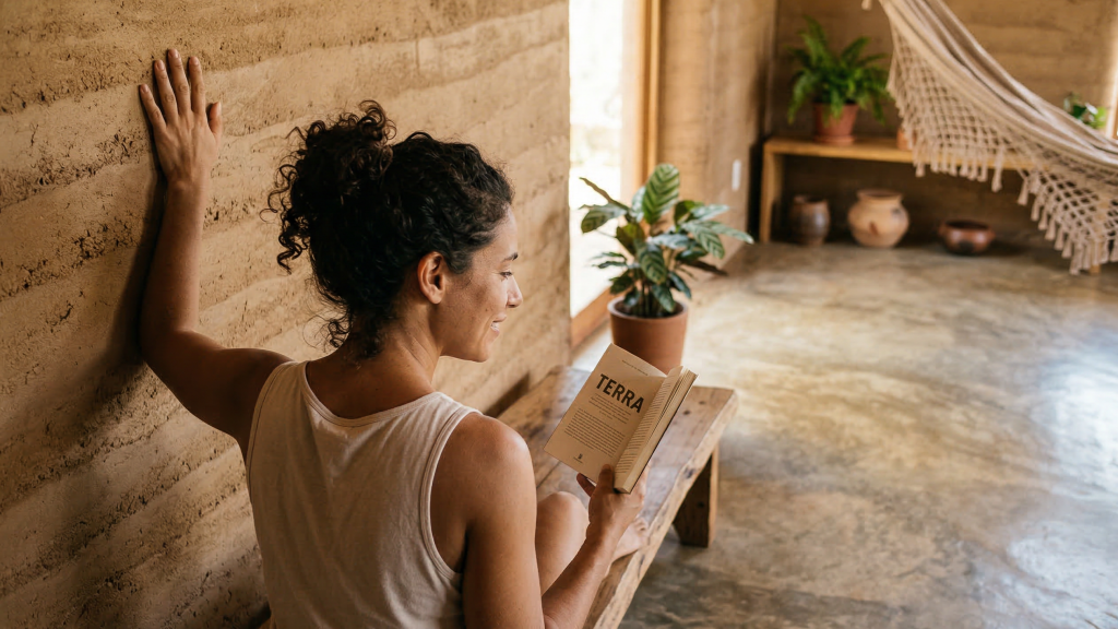 Casa de 45 metros quadrados com paredes de terra que "respiram" e mantêm o interior fresco no verão e quente no inverno sem ar-condicionado
