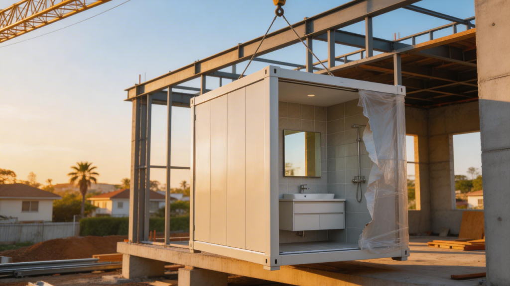 Casa de 60 metros quadrados com banheiro modular plug-and-play que chega pronto da fábrica e é conectado na obra