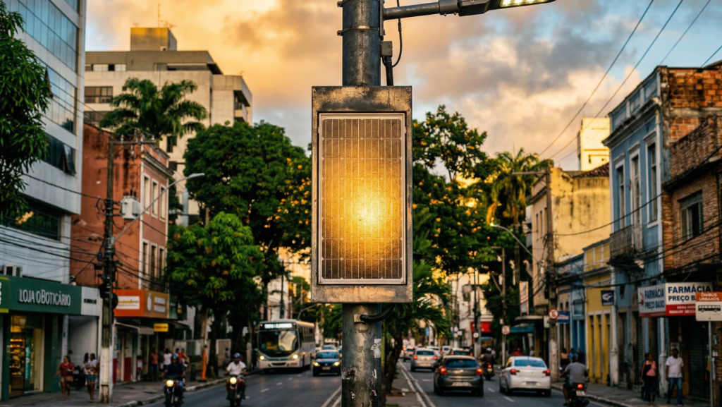 A sentinela solar que guarda a luz do dia dentro do poste para iluminar a rua à noite sem gastar um centavo da rede elétrica