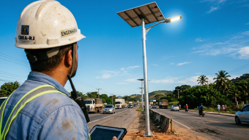 A sentinela solar que guarda a luz do dia dentro do poste para iluminar a rua à noite sem gastar um centavo da rede elétrica