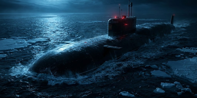 Submarino belgorod emergindo entre blocos de gelo no ártico