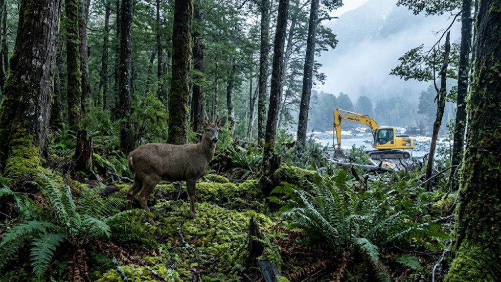Cervo huemul em floresta nativa com obras ao fundo