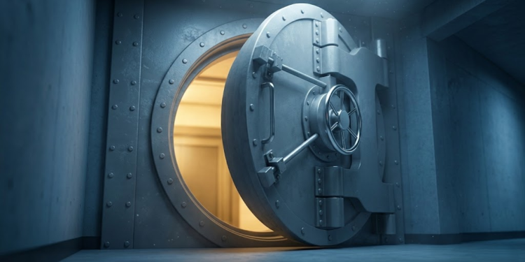 Porta blindada suíça maciça revelando refúgio iluminado e seguro