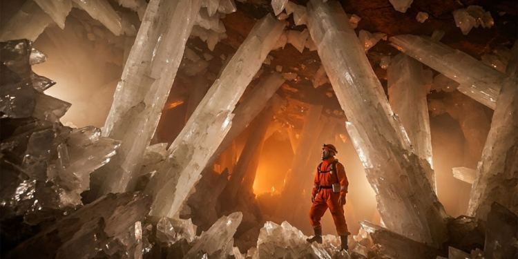 Explorador em traje laranja sob colunas gigantes de cristal em Naica