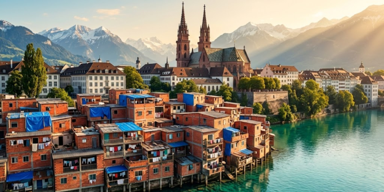 Uma vista aérea cinematográfica que mostra o contraste fascinante entre moradias de tijolos