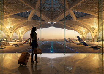 Viajante observa a imensidão do novo aeroporto de Dubai pela janela de vidro