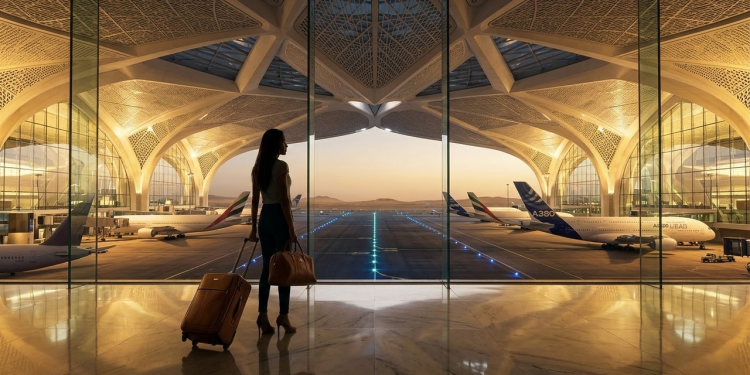 Viajante observa a imensidão do novo aeroporto de Dubai pela janela de vidro