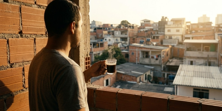 Homem calmo tomando café na varanda de tijolos ao nascer do sol