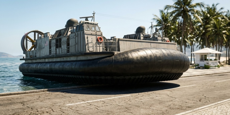 Hovercraft militar gigante invadindo uma avenida costeira brasileira ensolarada