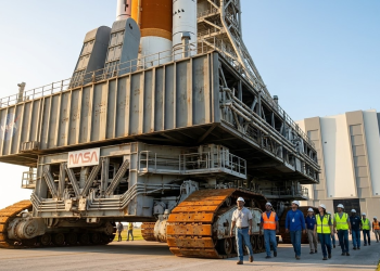 Crawler da NASA transportando o gigantesco foguete SLS no Kennedy Space Center