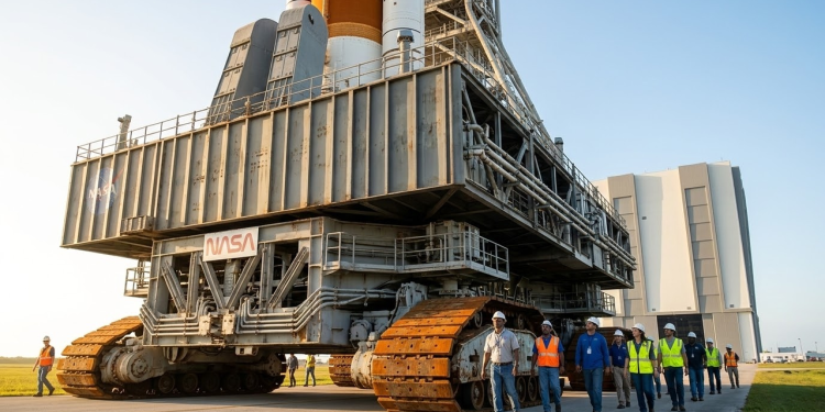 Crawler da NASA transportando o gigantesco foguete SLS no Kennedy Space Center