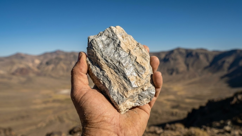 Geólogo segura amostra de argila de lítio sob o sol do deserto de Nevada.