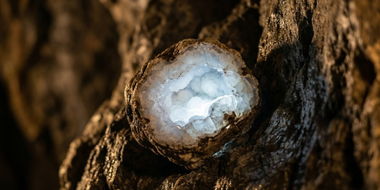 Macro fotografia de uma rocha subterrânea brilhando com gás hidrogênio puro