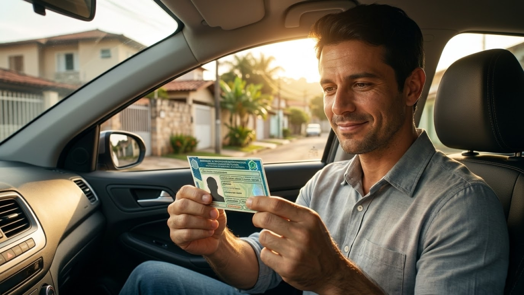 Motorista brasileiro sorridente segurando sua nova CNH dentro do carro sob o pôr do sol