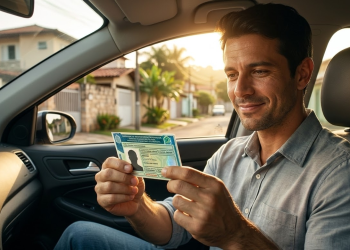 Motorista brasileiro sorridente segurando sua nova CNH dentro do carro sob o pôr do sol