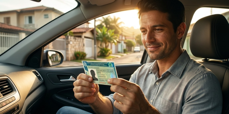 Motorista brasileiro sorridente segurando sua nova CNH dentro do carro sob o pôr do sol