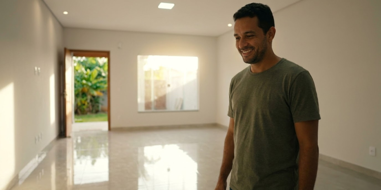 Homem brasileiro sorridente admirando o novo piso de porcelanato em sua casa de 55 m²