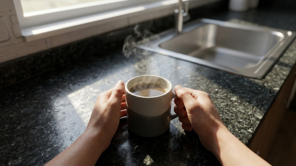 Visão em primeira pessoa tomando café sobre uma bancada de granito polido na cozinha nova