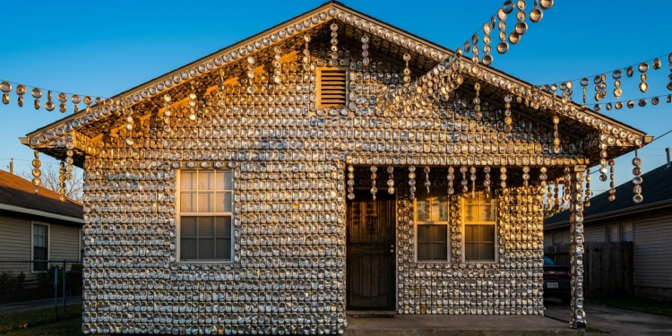 Fachada da casa coberta por latas de cerveja brilhando sob o sol do Texas.
