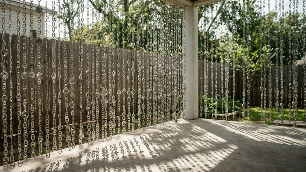 Guirlandas de tampas de metal penduradas no quintal criando reflexos solares.