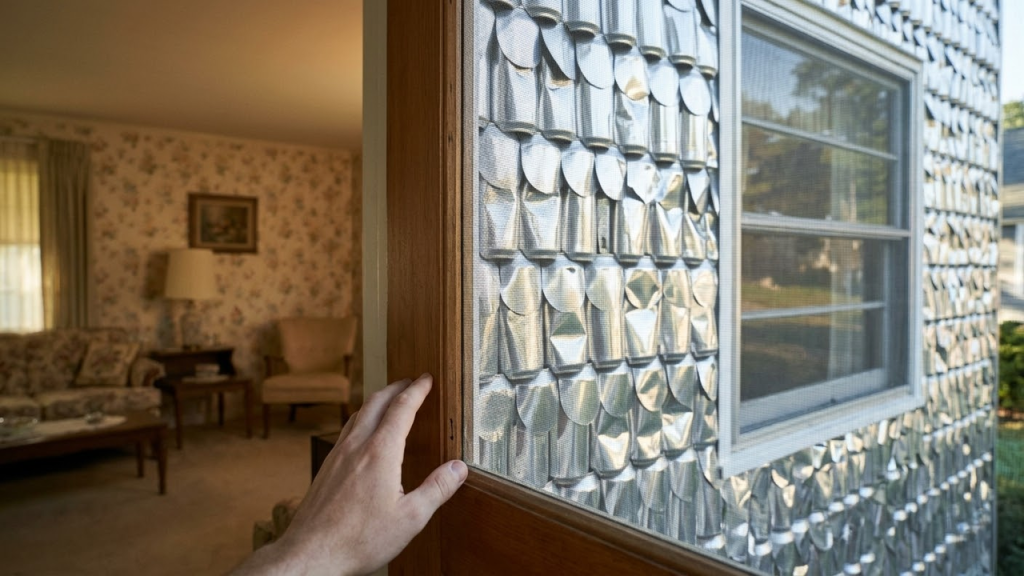 Visão de dentro da casa antiga olhando para o revestimento de metal externo.