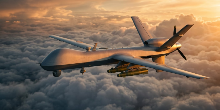 Drone MQ-9 Reaper armado voando silenciosamente acima das nuvens sob a luz dourada do pôr do sol