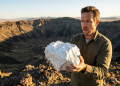 Geólogo segurando uma rocha de lítio bruto na borda da caldeira vulcânica McDermitt Caldera sob a luz do pôr do sol.