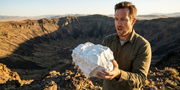 Geólogo segurando uma rocha de lítio bruto na borda da caldeira vulcânica McDermitt Caldera sob a luz do pôr do sol.