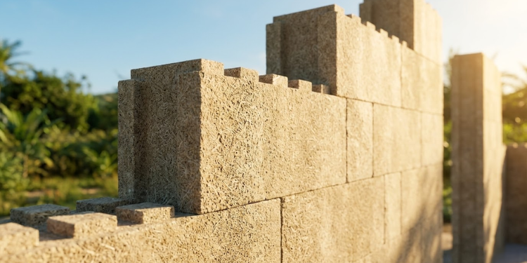 Parede de blocos de cânhamo estilo Lego sob a luz do pôr do sol.