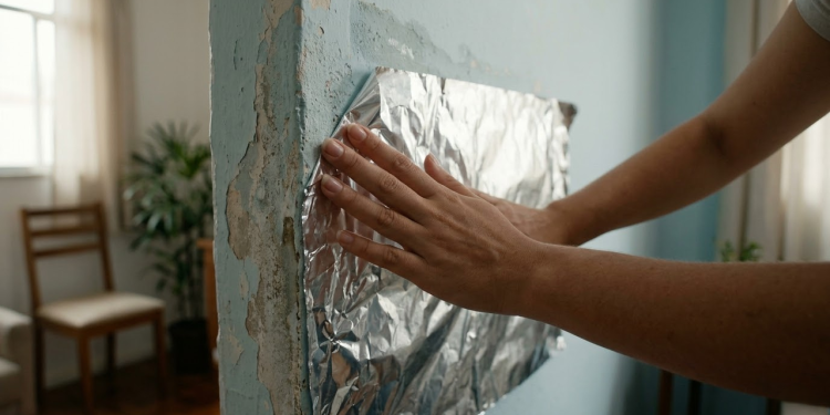 Mão fixando papel alumínio em parede com infiltração sob luz natural.